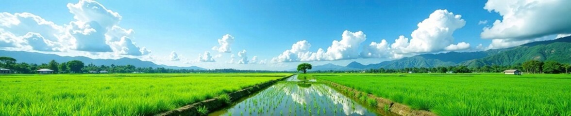 Blue sky with scattered white clouds, rice paddies in background, water, plant