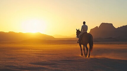 Lone horse rider in the desert at sunset, warm and tranquil, soft shadows, peaceful and serene, highly detailed, natural and inviting, calm and adventurous