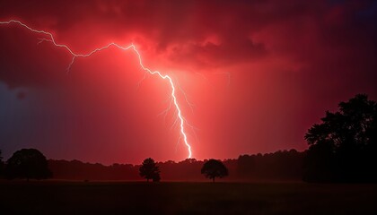 Dramatic lightning storm over rural field at night. Red sky illuminates dark clouds, trees. Powerful lightning bolt strikes. Nature force. Dark landscape. Silhouette of trees against crimson sky.