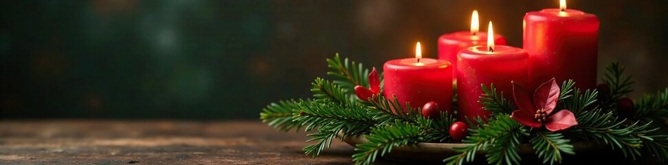Evergreen boughs and holly with four burning red candles in a decorative vase, seasonal decor, cozy ambiance, evergreen
