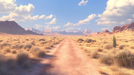 Naklejka premium Lonely desert road stretching into the horizon, soft shadows, warm light, peaceful and tranquil, highly detailed, expansive and calm atmosphere