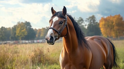 Obraz premium Majestic Horse in Scenic Autumn Field Capturing Nature's Beauty