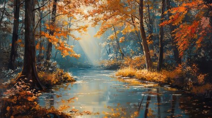 Lush autumn forest with vibrant foliage, peaceful and serene, soft glowing sunlight, calm and magical, high detail and rich reflections, seasonal and atmospheric landscape