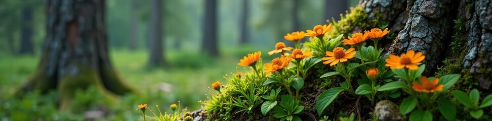 Fototapeta premium Clustering of arctic mountain avens on a tree trunk in the arctic forest, trunk, tree, forest