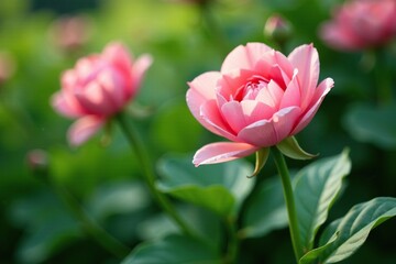 Soft pink petals unfolding on a lush green stem, garden blooms, blossom, foliage