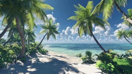 Lush green palm trees by a crystal-clear beach, bright blue sky, peaceful and inviting, highly detailed, tranquil and idyllic atmosphere