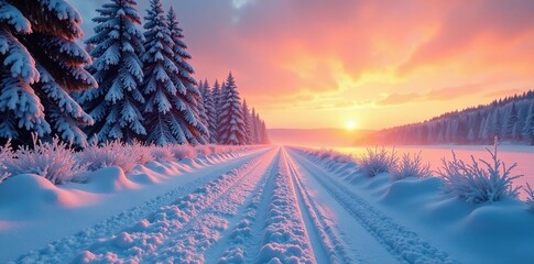 Frosty morning dawn breaks through snow covered road, Winter, Landscape