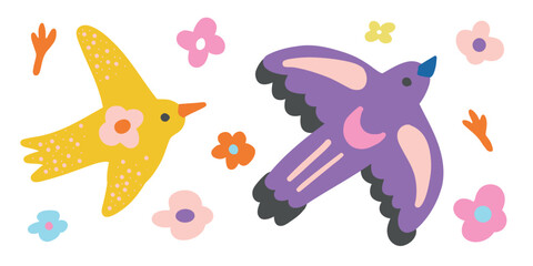 Colorful birds and floral elements with tropical vibes. Perfect for nature-inspired, cheerful, and decorative wildlife or botanical-themed illustrations.