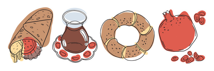 A traditional Turkish breakfast spread featuring simit, tea, and pomegranate. Perfect for culinary, Mediterranean cuisine, or morning food themes.