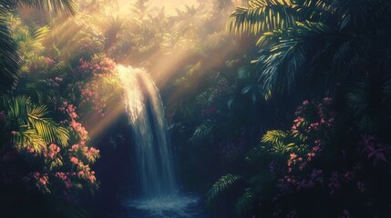 Obraz premium lush tropical rainforest with waterfall and sunlight filtering through, high detail, natural and vivid, serene and peaceful, artistic and tranquil jungle landscape