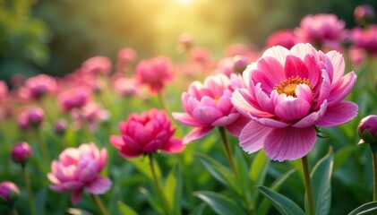 Obraz premium Colorful peonies in a soft focus garden scene, florals, peony, flowerfield