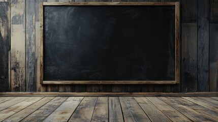Rustic wooden room, blank chalkboard, empty floor, education background