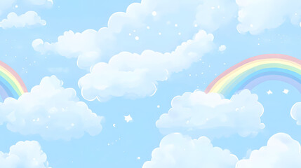 Playful Clouds and Colorful Rainbows in a Serene Blue Atmosphere