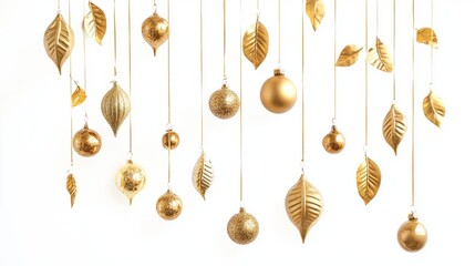 Luxurious gold ornaments and decorations hanging against a white backdrop
