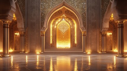 luxurious interior archway with intricate golden carvings and glowing lights, high detail, elegant and warm, rich and spiritual, soft and inviting atmosphere
