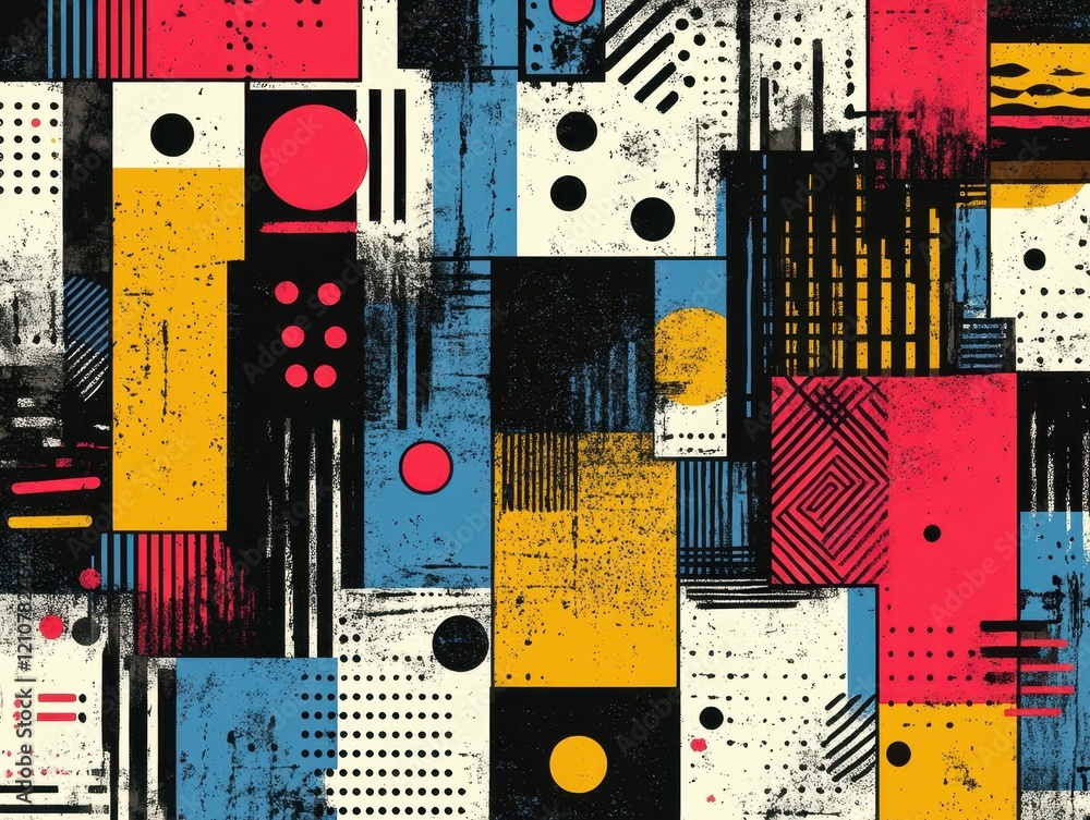Poster abstract geometric pattern with vibrant colors and textures.