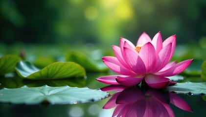Obraz premium Blooming pink lotus on the pond's surface shines, peaceful, lotus, petal