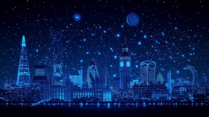 London skyline at night, glowing with digital connections.
