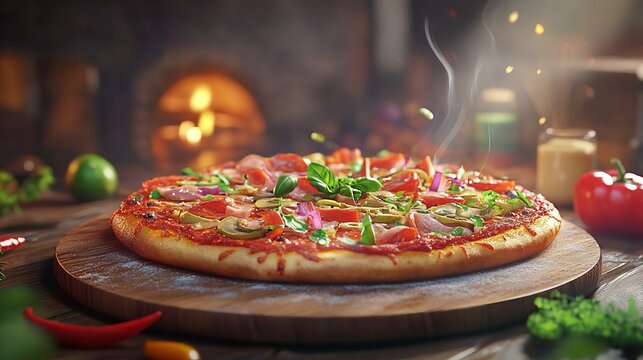 luxurious pizza with rich toppings on wooden board, high detail, vibrant and mouth-watering, artistic and inviting, warm and delicious food presentation