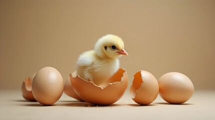 Small chick emerging from cracked eggshell surrounded by intact eggs on neutral background