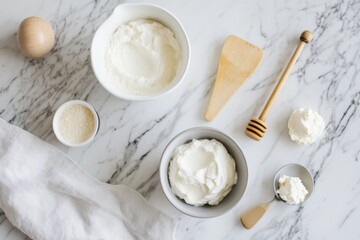 An assortment of fresh dairy ingredients and wooden utensils laid out on a marble surface, ready for culinary creation.