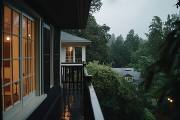 A rainy evening view from a cozy balcony with warm interior lighting, overlooking lush trees and nearby houses.