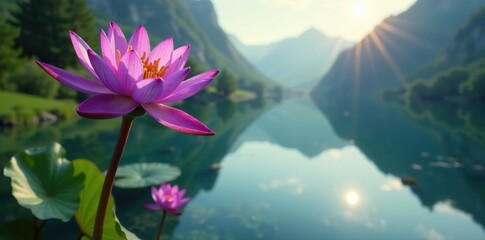 A majestic purple flower suspended above a lake, flower, botanical