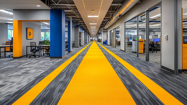 Designated work areas are well-marked in yellow, emphasizing safety and productivity in a clutter-free environment with gray and blue accents.