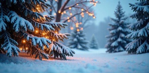 Frosty snow-covered trees with soft glowing lights in the bokeh effect, snow, snowy landscape, soft focus