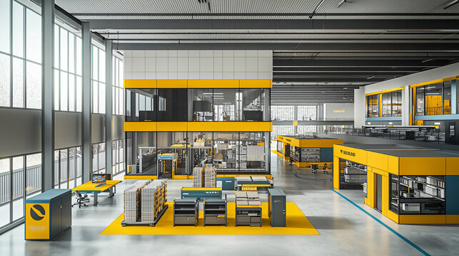 Designated work areas are well-marked in yellow, emphasizing safety and productivity in a clutter-free environment with gray and blue accents.