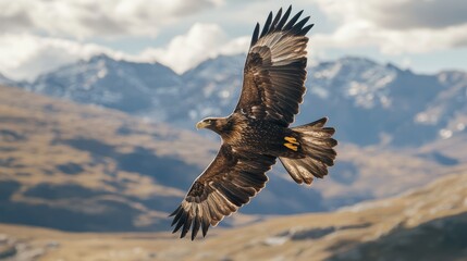 Obraz premium Majestic eagle soaring with wings spread wide, dynamic and powerful, soft cloudy background, high resolution