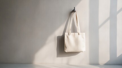 White tote bag hanging, sunlit wall, minimalist studio, mockup