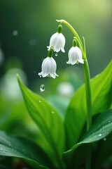 Obraz premium Droplets fall on delicate white lily of valley flowers in a wet garden, foliage, greenery