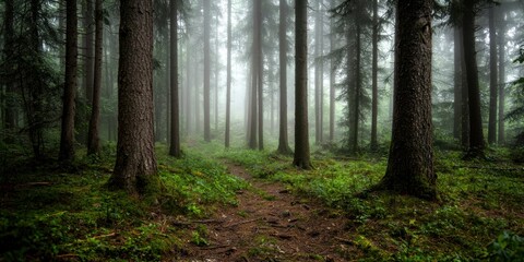 Obraz premium A dense forest with tall trees shrouded in mist. The atmosphere is mysterious and peaceful, creating a sense of awe and wonder. 