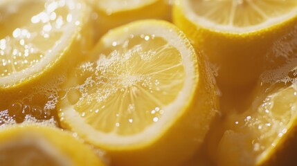 Bubbly lemon slices in water, close-up, kitchen, refreshment