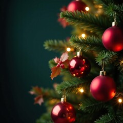 Fototapeta premium Decorated Christmas tree with red holly ornaments and warm twinkling lights, baubles, christmas, trees