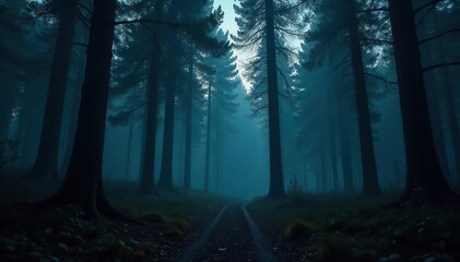 Fototapeta premium Dense forest at dusk with tall trees and eerie shadows, natural world, darkness, mystery