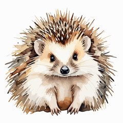 Hand drawn watercolor painting of a of a Hedgehog Portrait. Cute fluffy forest animal with spiky needles, side view, isolated on white background
