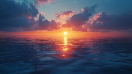 Obraz premium Majestic sunset over ocean horizon, calm and peaceful, rich and vibrant, bright and dynamic, high detail and serene, natural and beautiful reflections