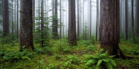 Obraz premium A dense forest with tall trees shrouded in mist. The atmosphere is mysterious and peaceful, creating a sense of awe and wonder. 