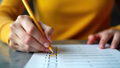 Naklejka premium Person completes survey form. Hand with pencil marks check box. Yellow checkmark. Focus on form completion. Survey feedback. Business concept. Customer satisfaction. Quality control. Questionnaire