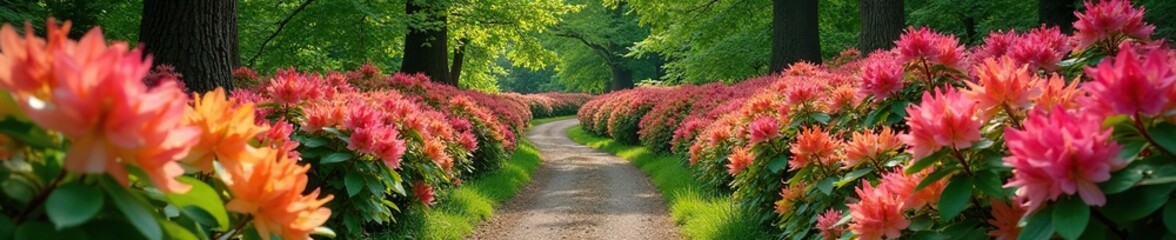 Fototapeta premium Pink and yellow rhododendrons create a colorful border along a winding path, forestpath, floral
