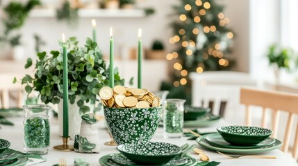 A festive dining table decorated with green-themed crockery, candles, and natural accents, set for a holiday meal. Concept: celebration, elegance

