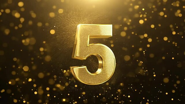 celebratory animated graphic for a five year anniversary milestone featuring elegant golden text and shimmering particles floating against a dark background with alpha transparency