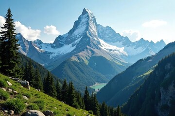 A snow capped peak rises high above the forest, nature, mountainside, wilderness
