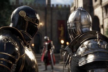 Fototapeta premium Medieval knights in armor facing each other outside castle courtyard