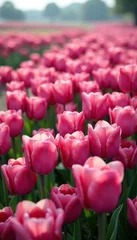 Selbstklebende Fototapeten A field of tulips in shades of pink and purple, gentle breeze, landscape © Nipon