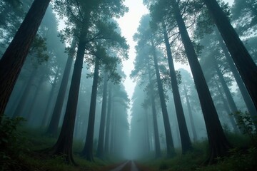 Towering eucalyptus trees rise above misty forest canopy, atmosphere, nature