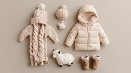 Baby's winter outfit flatlay; neutral tones, studio