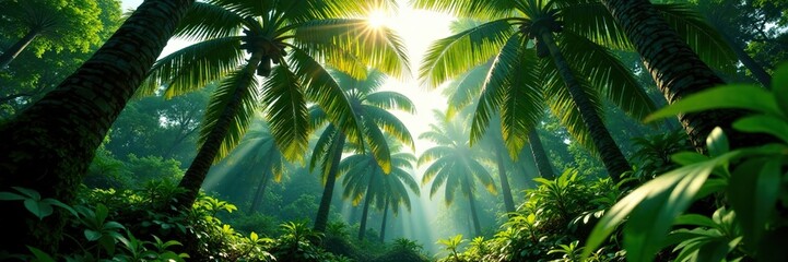 Fototapeta premium Dense forest canopy with sunlight filtering through, green, Taquarussu Palmas, nature